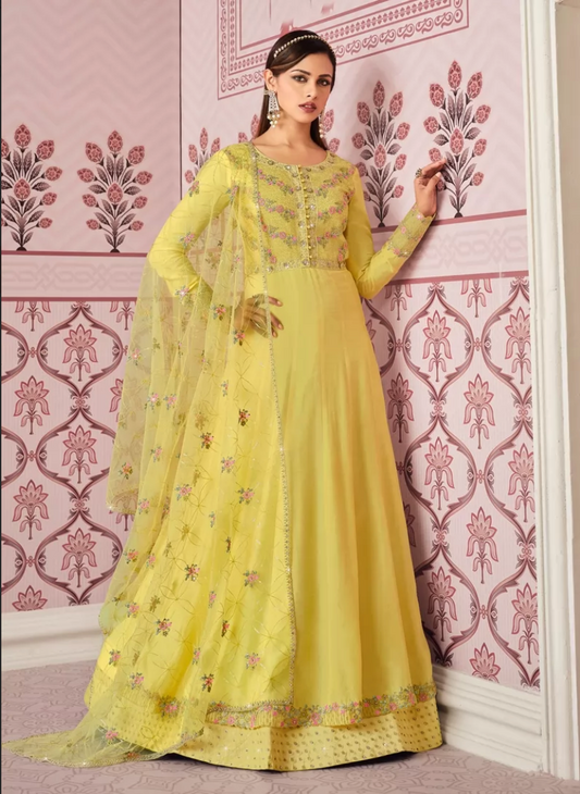 Yellow Bridesmaid Wedding Long Anarkali Gown In Art Silk SFZ117871 - Siya Fashions