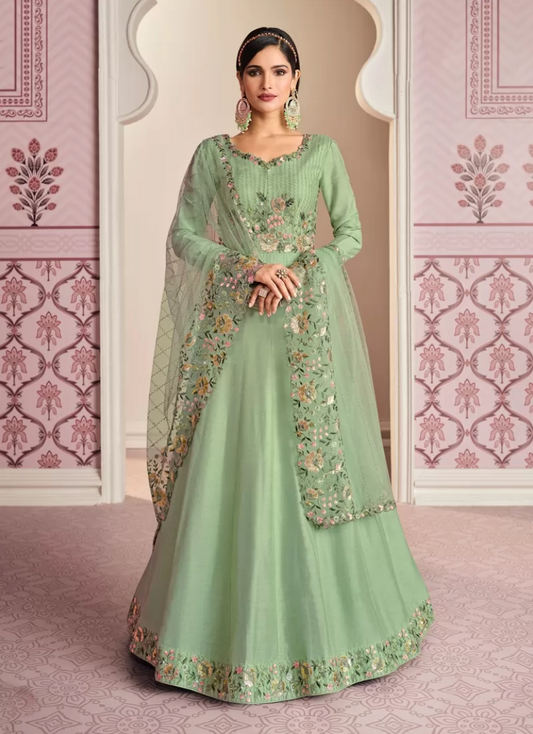 Green Bridesmaid Wedding Long Anarkali Gown In Art Silk SFZ117866 - Siya Fashions