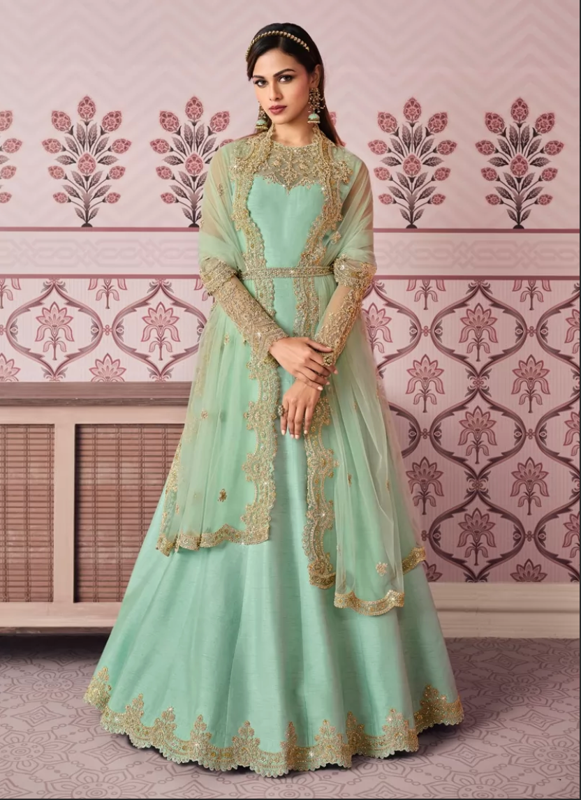 Pastel Green Bridesmaid Wedding Long Anarkali Gown In Art Silk SFZ117868 - Siya Fashions