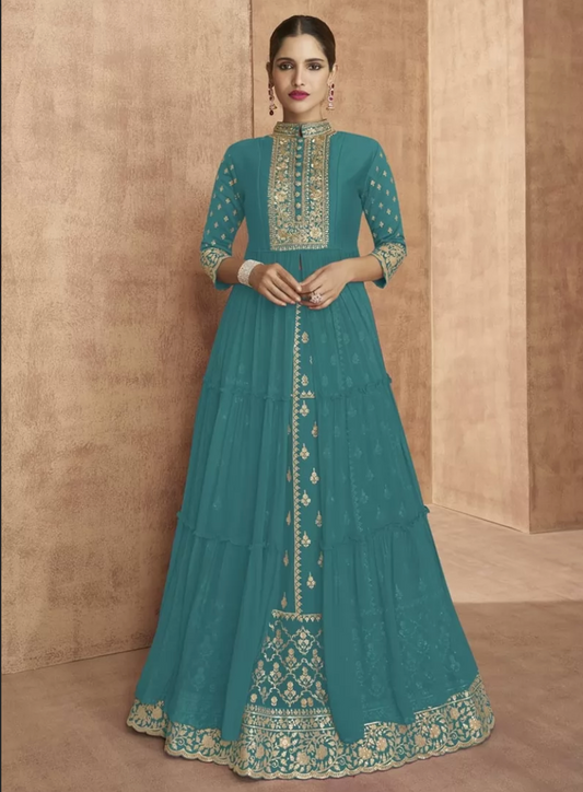 Turquoise Evening Wedding Long Anarkali Gown In Georgette SFZ116691 - Siya Fashions