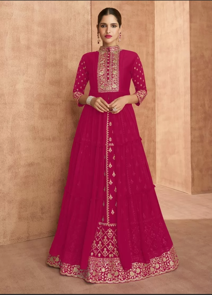 Pink Evening Wedding Long Anarkali Gown In Georgette SFZ116687 - Siya Fashions