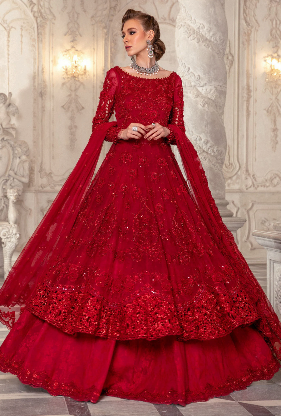 Pakistani Red Bridal Zari Work Lehenga Choli In Organza SFETS843 - Siya Fashions