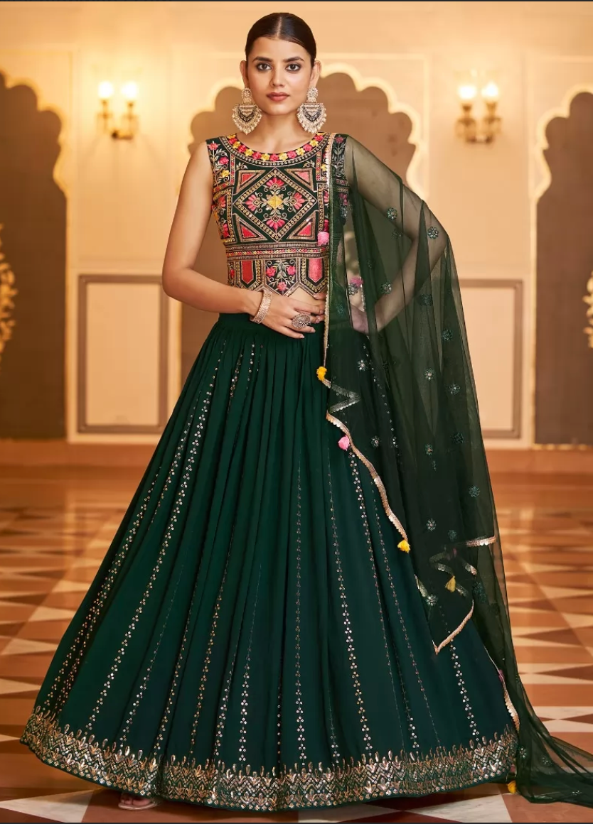 Green Indian Wedding Reception Lehenga Choli In Georgette Net SF122527 - Siya Fashions