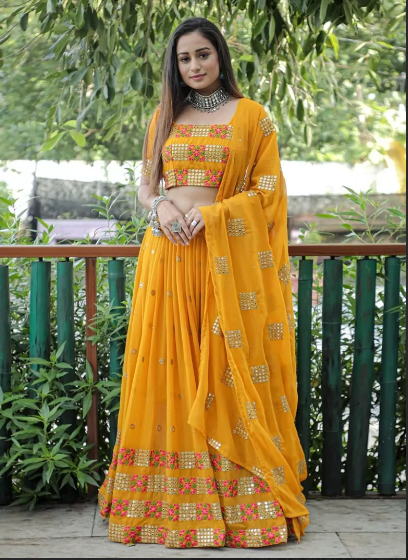 Yellow Indian Wedding Reception Lehenga Choli In Georgette Net SFZ122867 - Siya Fashions