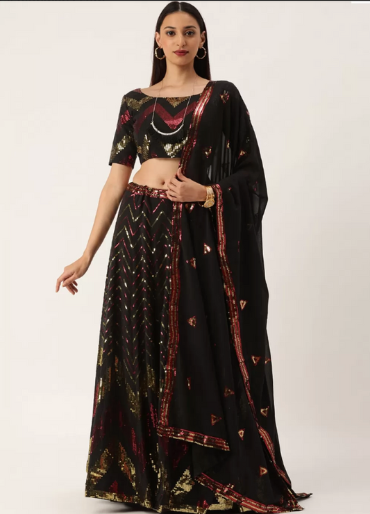 Black Sequin Indian Designer Wedding Lehenga Choli SFZ124240 - Siya Fashions
