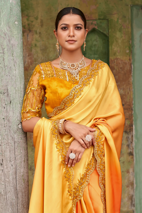 Yellow Wedding Party Satin Saree In Embroidery Work SFSADK3568 - Siya Fashions