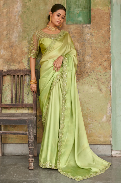 Green Wedding Party Satin Saree In Embroidery Work SFSADK3573 - Siya Fashions