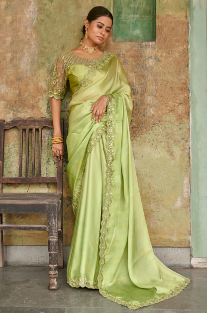 Green Wedding Party Satin Saree In Embroidery Work SFSADK3573 - Siya Fashions