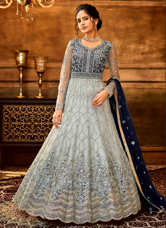 Grey Indian Bridal Anarkali Wedding Gown In Net SFZ127851 - Siya Fashions