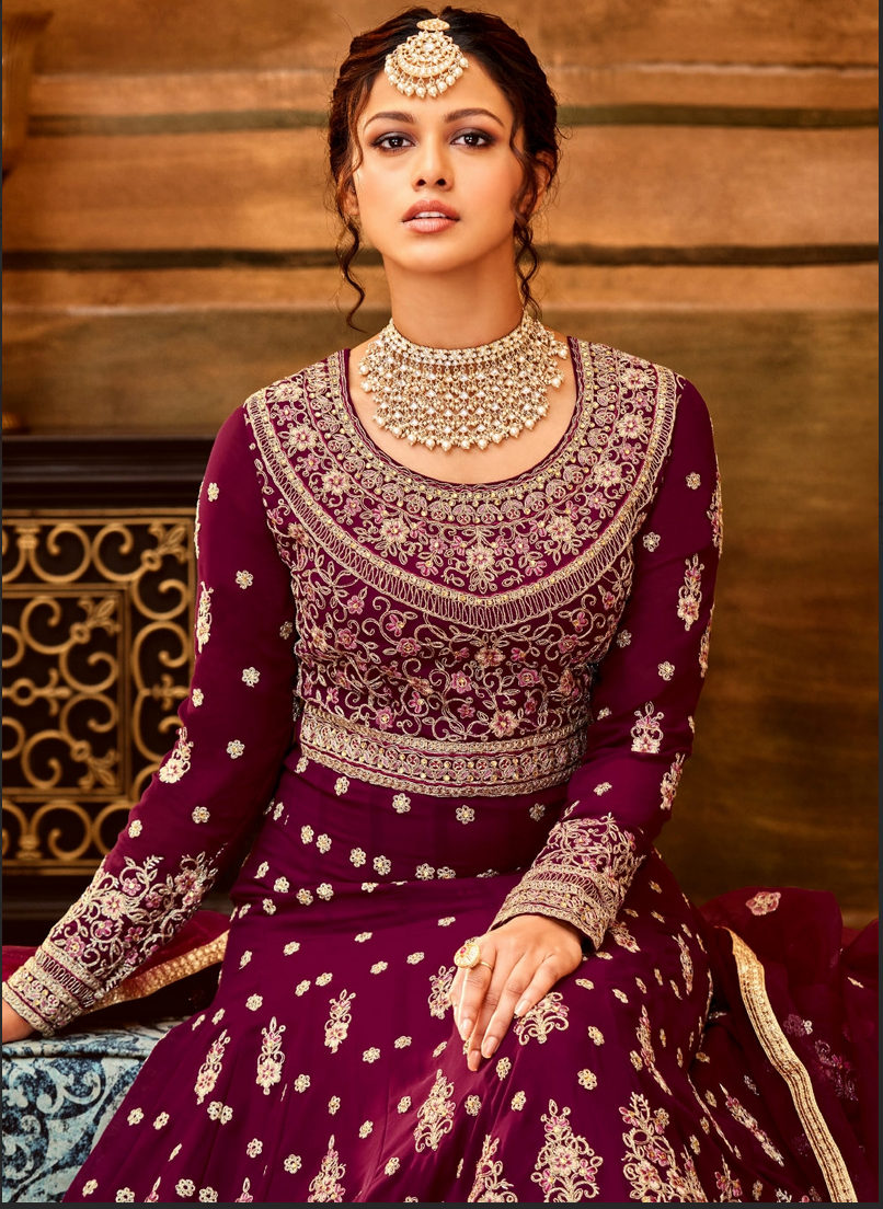 Maroon Indian Bridal Anarkali Wedding Gown In Net SFZ127850 - Siya Fashions