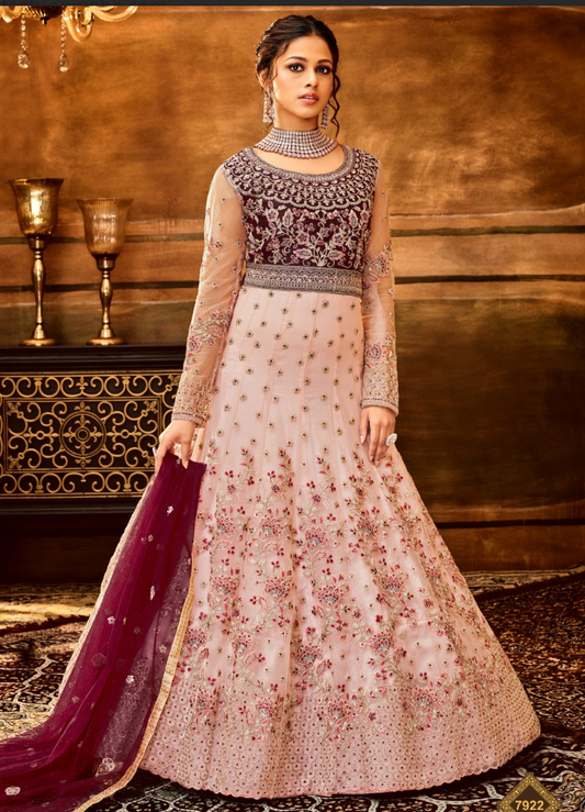 Peach Indian Bridal Anarkali Wedding Gown In Net SFZ127848 - Siya Fashions
