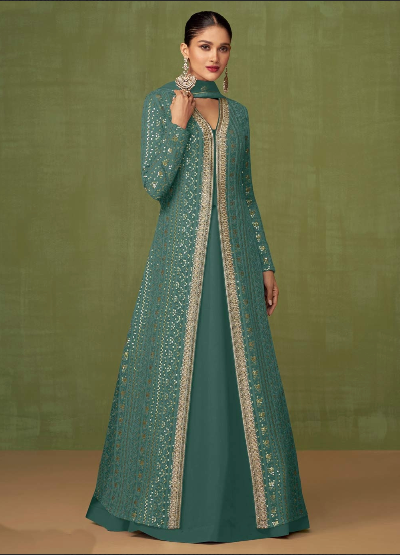 Turquoise Sangeet Anarkali Wedding Gown In Georgette SFZ127504 - Siya Fashions