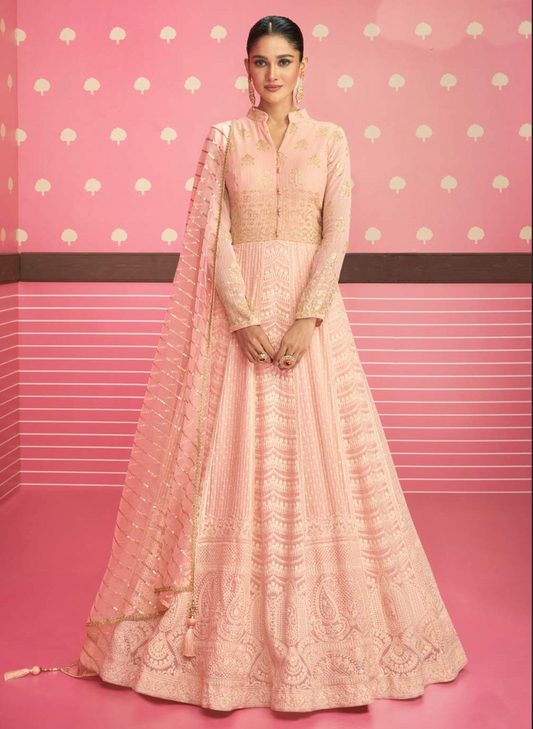 Peach Indian Reception Anarkali Wedding Gown In Georgette SFZ127512 - Siya Fashions