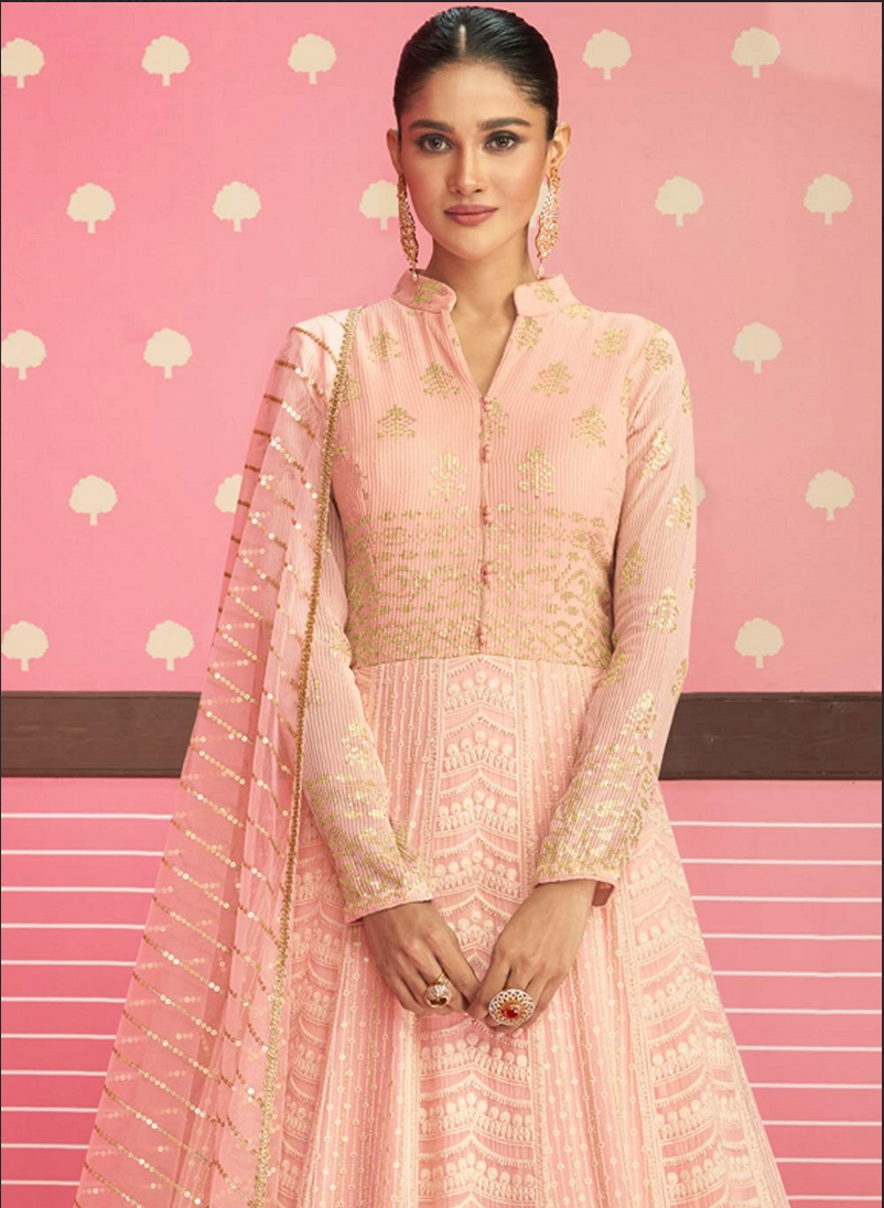 Peach Indian Reception Anarkali Wedding Gown In Georgette SFZ127512 - Siya Fashions