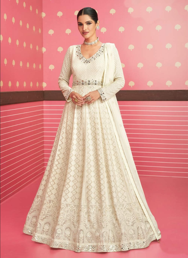 White Indian Reception Anarkali Wedding Gown In Georgette SFZ127510 - Siya Fashions
