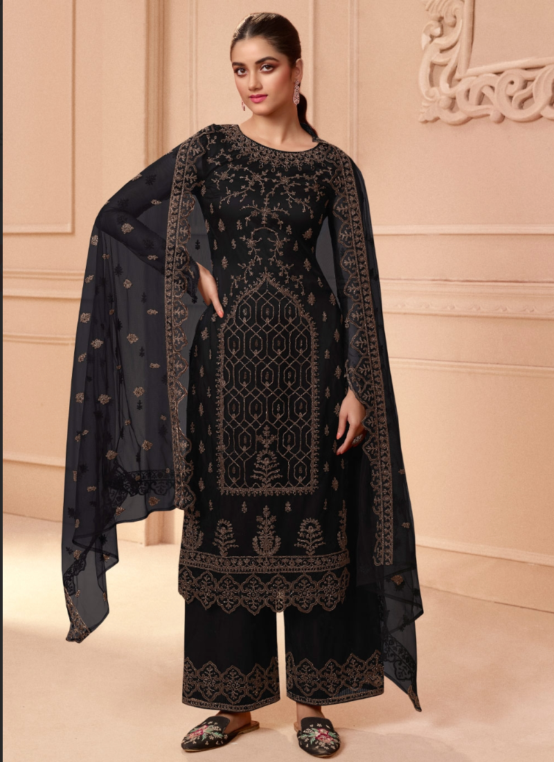 Black Indian Pakistani Palazzo Salwar Kameez Suit In Net SFFZ128734 - Siya Fashions