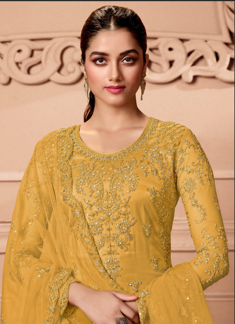 Yellow Indian Pakistani Palazzo Salwar Kameez Suit In Net SFFZ128733 - Siya Fashions