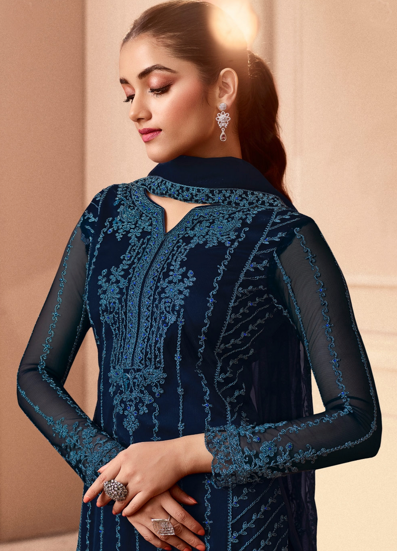 Blue Indian Pakistani Palazzo Salwar Kameez Suit In Net SFFZ128732 - Siya Fashions