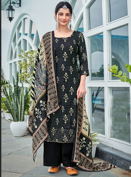 Black Indian Pakistani Palazzo Salwar Kameez Suit In Pasmina SFZ128700 - Siya Fashions