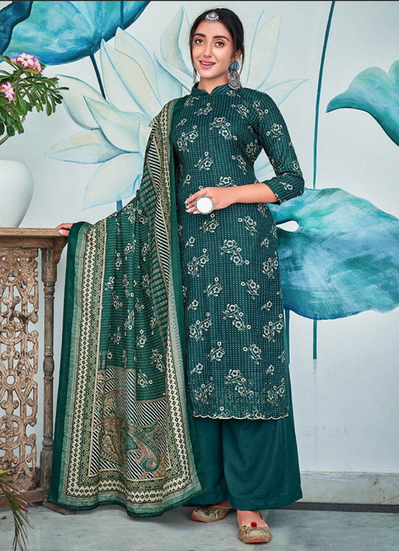 Green Indian Pakistani Palazzo Salwar Kameez Suit In Pasmina SFZ128698 - Siya Fashions