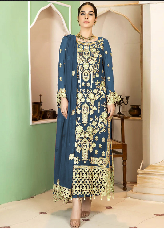 Teal Blue Indian Pakistani Georgette Long Straight Salwar Suit FZ128300 - Siya Fashions