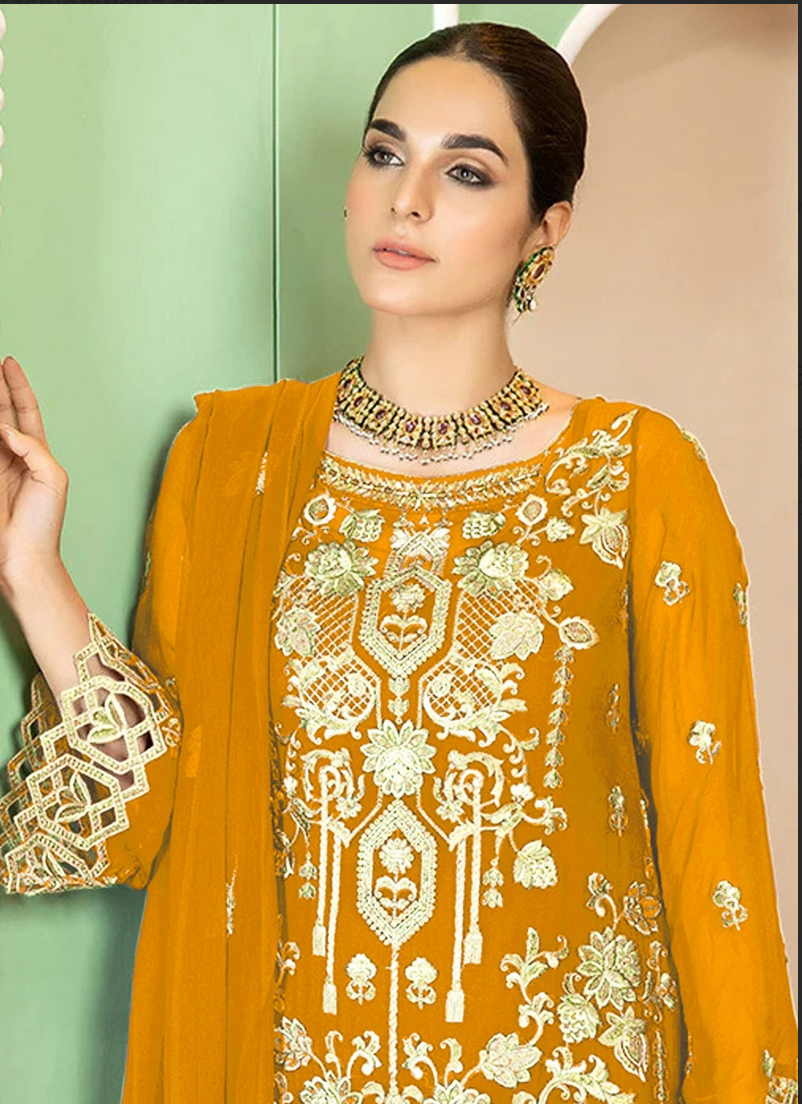 Yellow Indian Pakistani Georgette Long Straight Salwar Suit FZ128303 - Siya Fashions