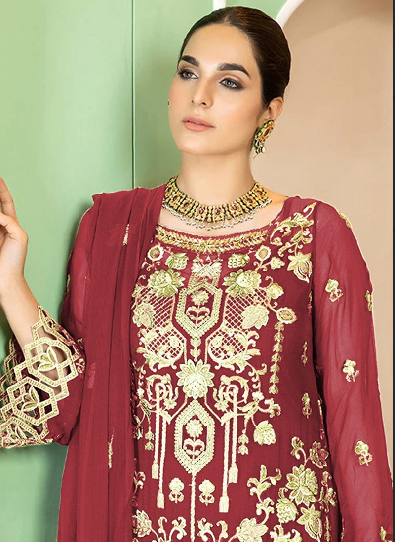 Wine Indian Pakistani Georgette Long Straight Salwar Suit FZ128299 - Siya Fashions