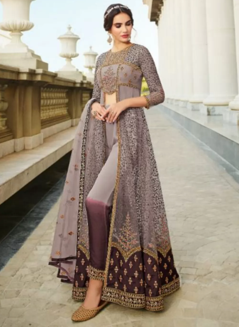 Brown Indian Anarkali Wedding Gown In Net SFZ129095 - Siya Fashions