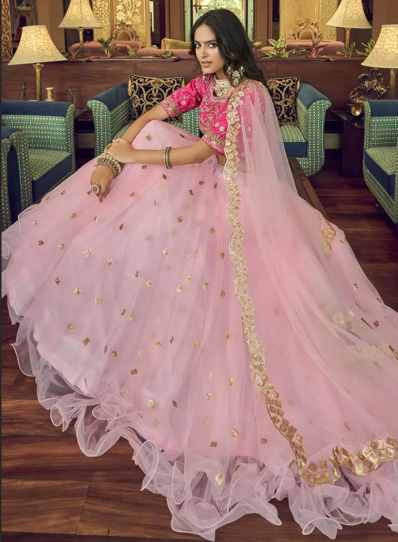 Pink Sangeet Bridal Lehenga Choli Set In Net SIF129313