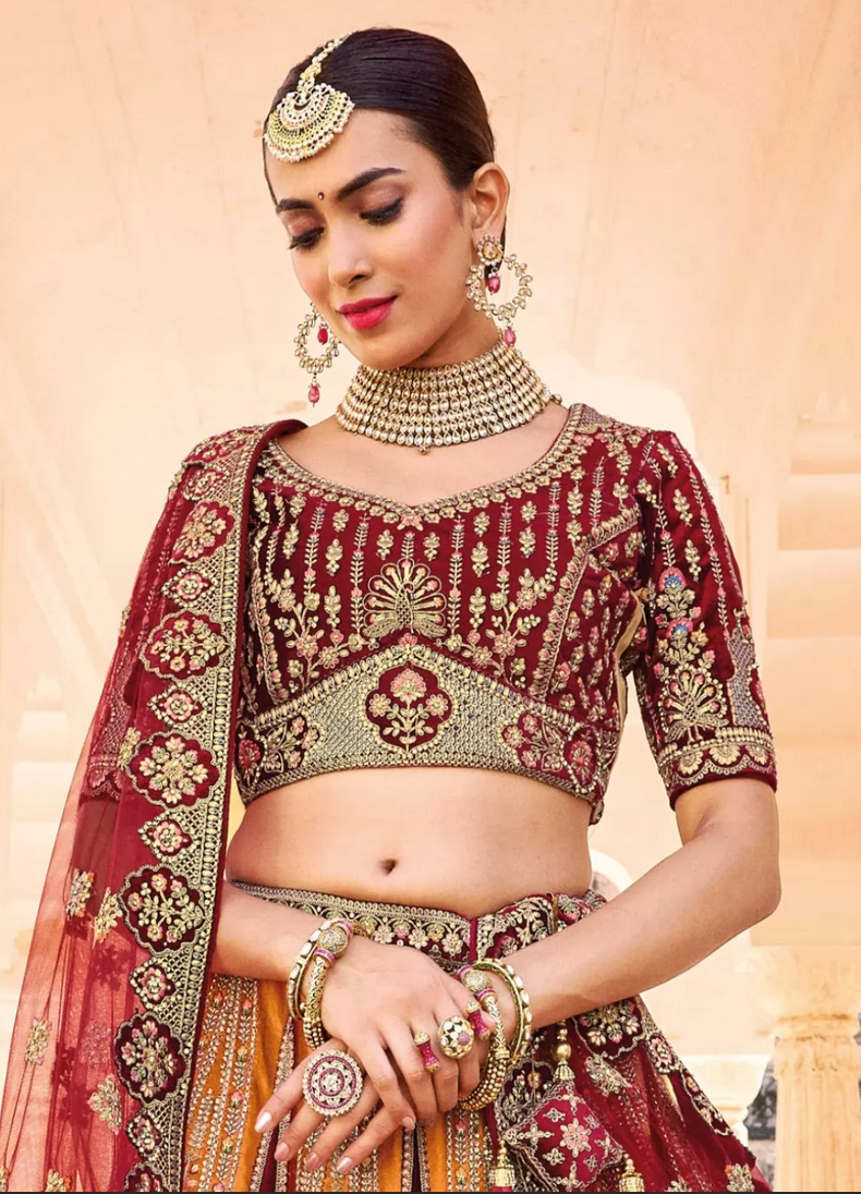 Maroon Indian Bridal Lehenga Choli Set In Net Silk SIF128219