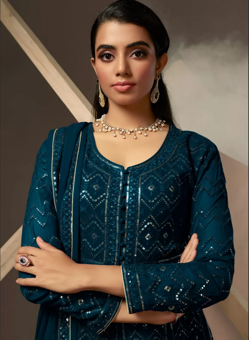 Teal Blue Indian Pakistani Anarkali Wedding Gown In Georgette SFZ129334