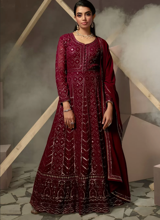 Maroon Indian Pakistani Anarkali Wedding Gown In Georgette SFZ129335