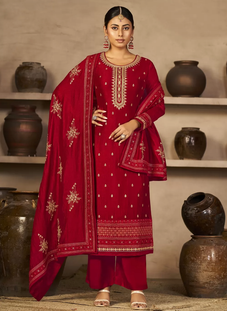 Red Indian Palazzo Salwar Kameez Suit In Silk SFZ129319