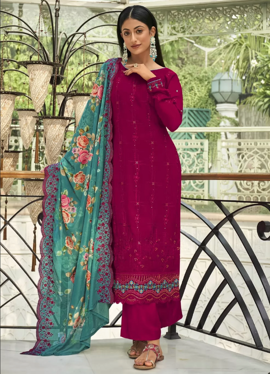 Pink Floral Dupatta Palazzo Suit In Georgette SF129317