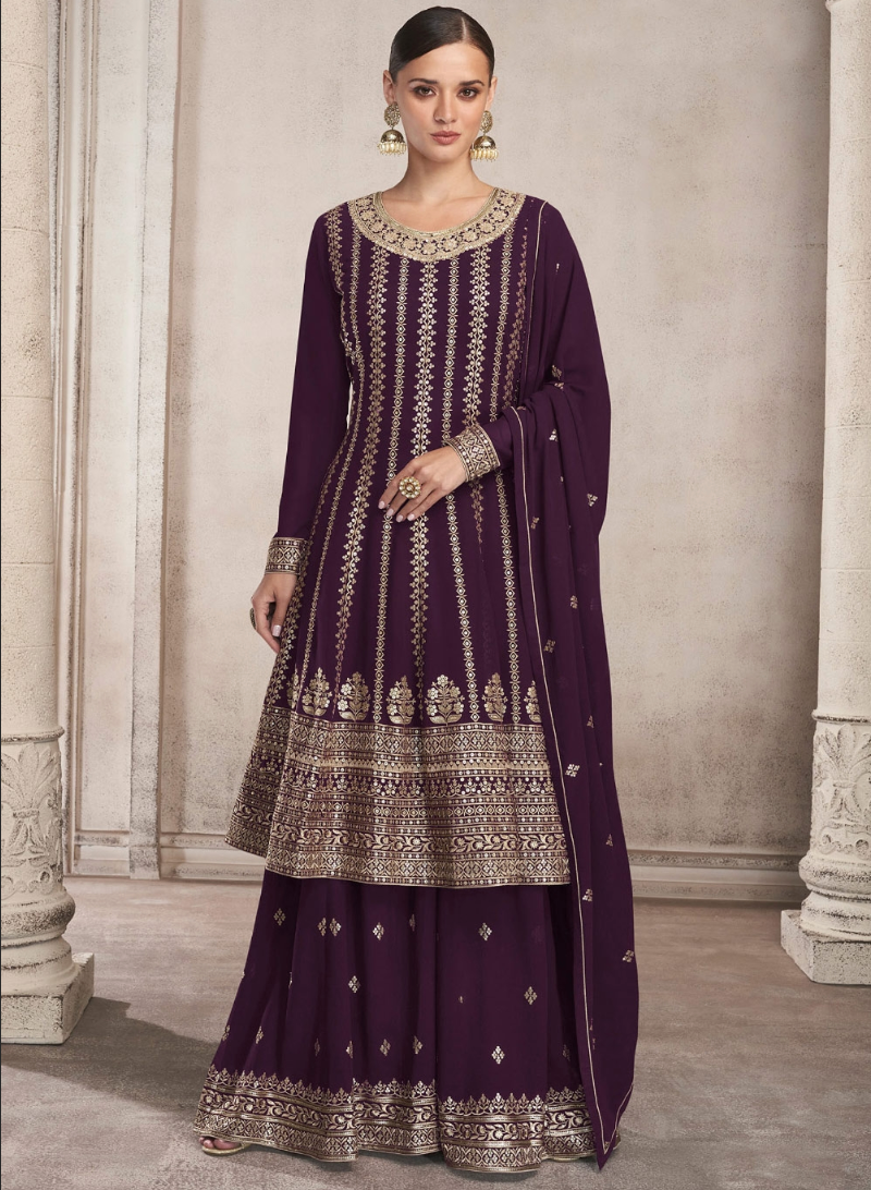 Purple Indian Sequin Dupatta Palazzo Suit In Georgette SFF129755