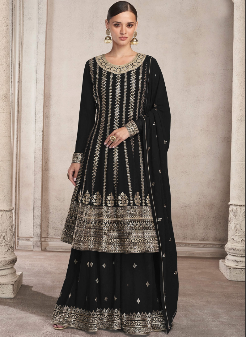 Black Indian Sequin Dupatta Palazzo Suit In Georgette SFF129760