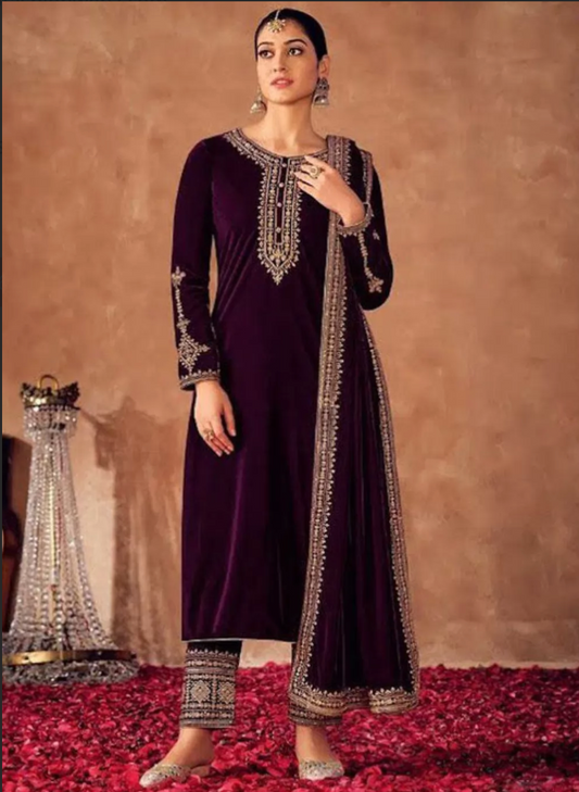 Purple Indian Pakistani Palazzo Suit In Velvet SFZ129766