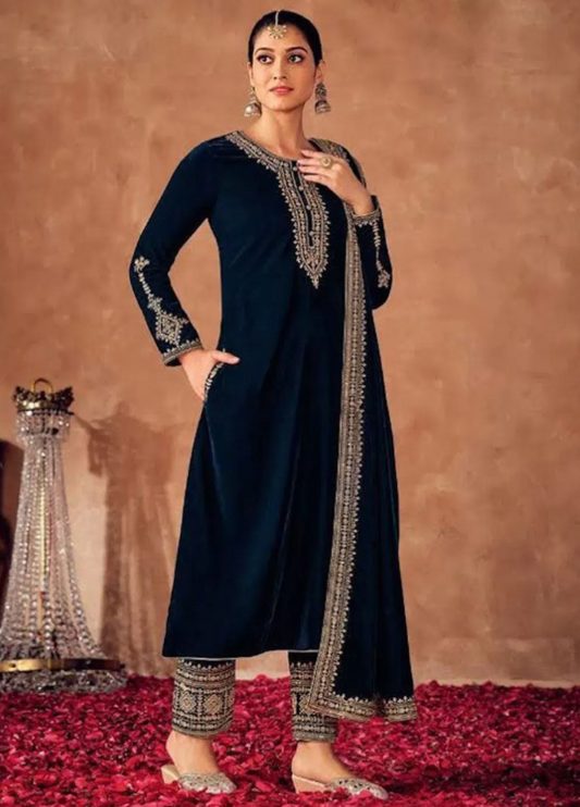 Blue Indian Pakistani Palazzo Suit In Velvet SFZ129765