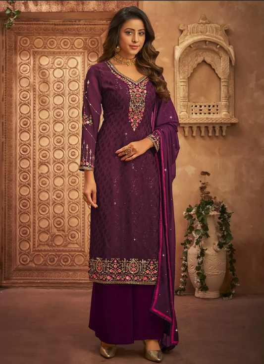 Purple Indian Pakistani Palazzo Suit In Brasso SF129609