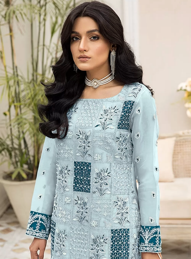 Sky Blue Net Indian Pakistani Long Palazzo Suit SF1129770