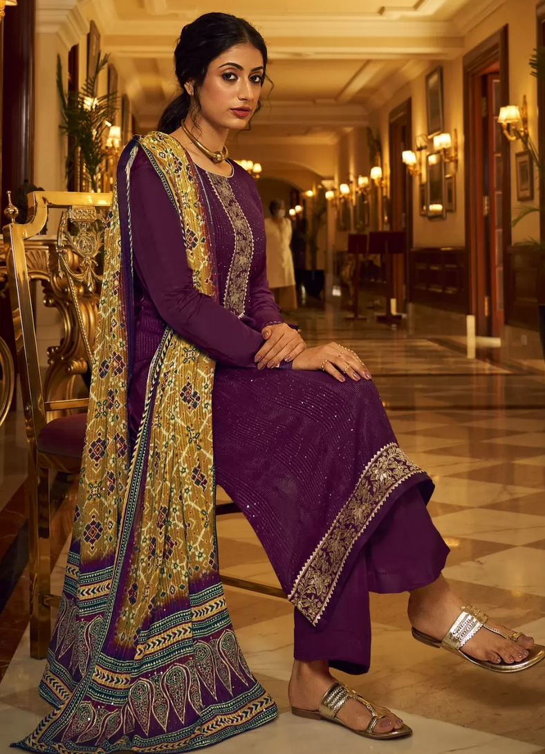Purple Chinon Indian Pakistani Palazzo Salwar Kameez SFZ129304