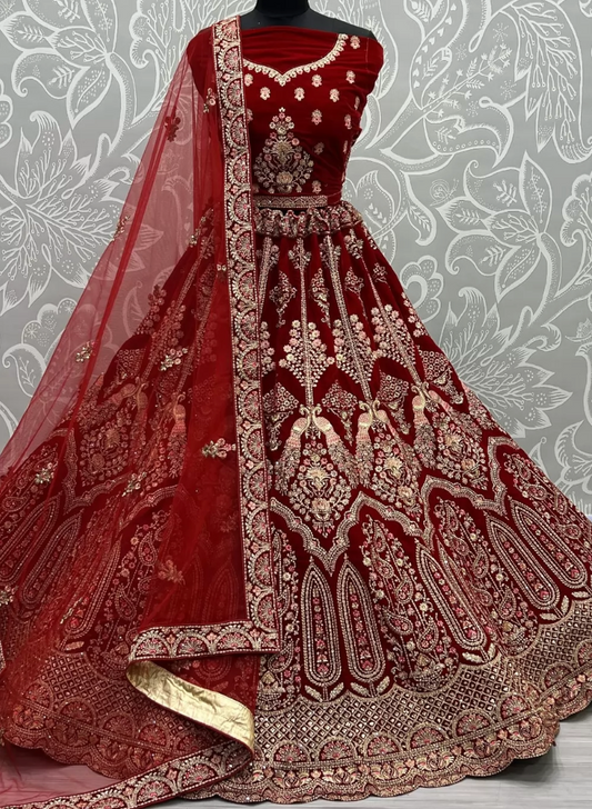 Red Indian Bridal Lehenga Choli Set In Net Velvet SFZ129988