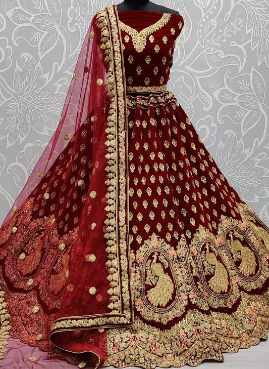 Red Indian Bridal Lehenga Choli Set In Net Velvet SFZ127825