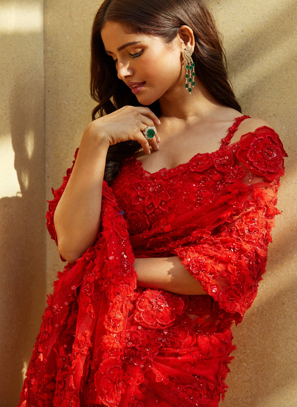 Red Full Floral Indian Pakistani Bridal Saree In Net SIRM45342
