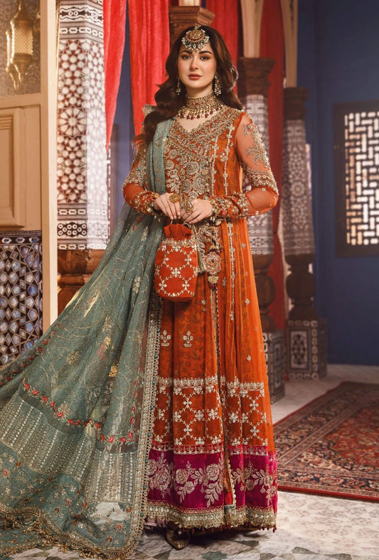 Orange Hania Aamir Wedding Net Pakistani Long Gown Anarkali SFES589