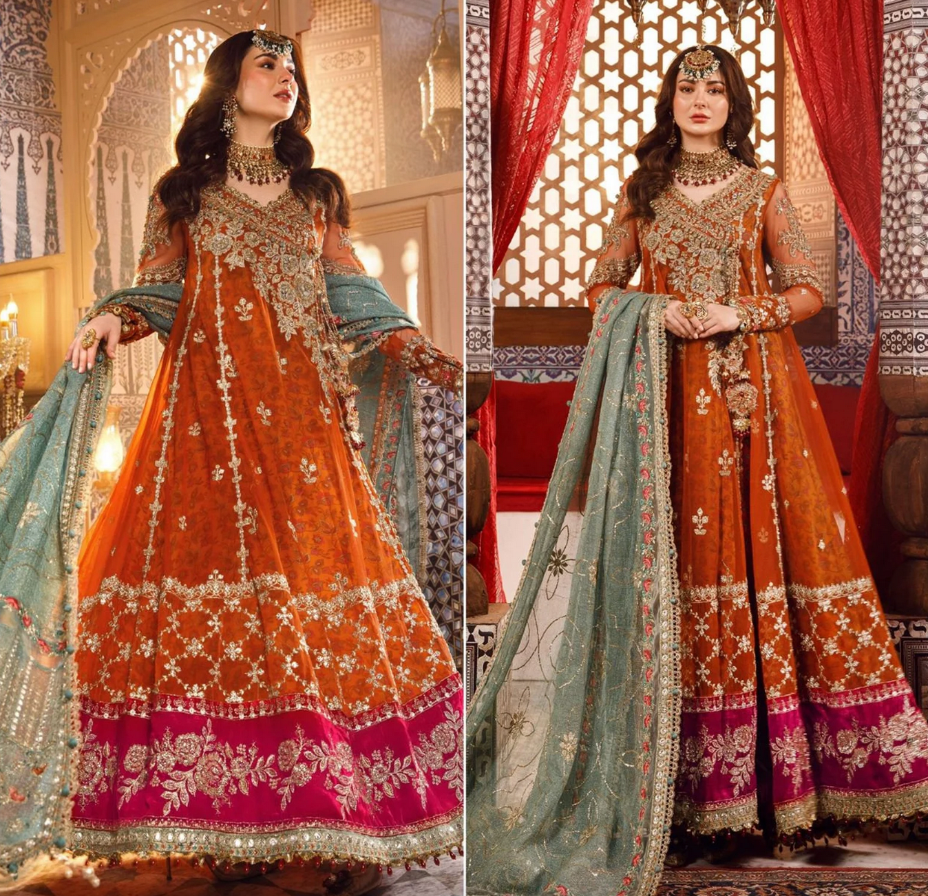 Orange Hania Aamir Wedding Net Pakistani Long Gown Anarkali SFES589