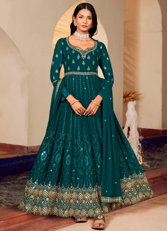 Teal Blue Bridal Wedding Georgette Indian Pakistani Anarkali Suit SFF130783
