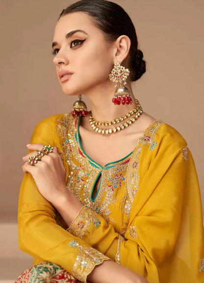 Yellow Designer Indian Pakistani Chinnon Silk Trouser Kameez SFZ132063