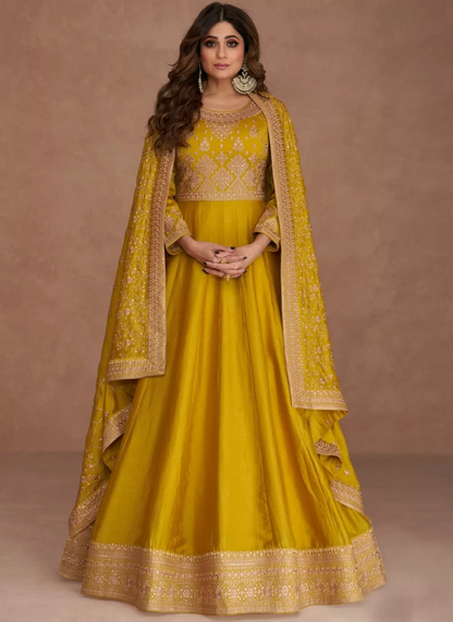Yellow Haldi Reception Anarkali Wedding Gown In Georgette SFZ131936