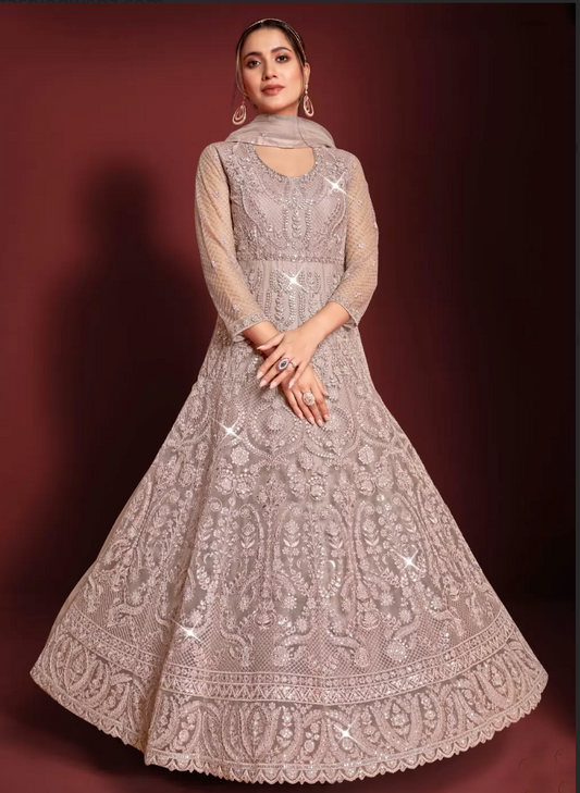 Brown Reception Anarkali Wedding Gown In Net SFZ131992